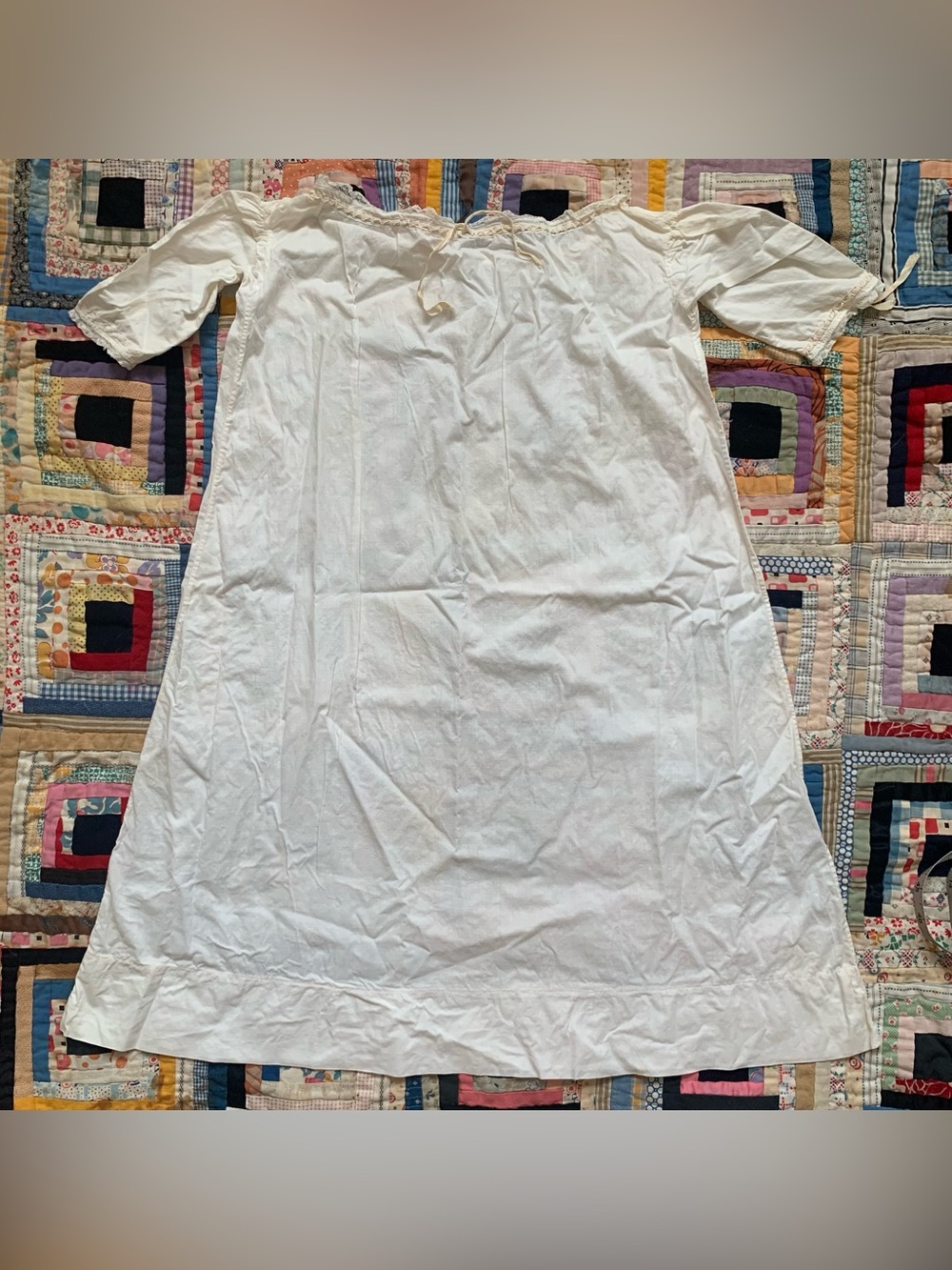 Antique beige cream cotton baby nightgown with ribbon trim - simple + cute